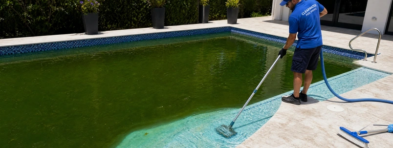 Green pool cleaning process steps in Mentone