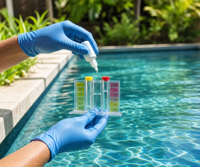 Green pool cleaning technician treating a green pool in Mentone
